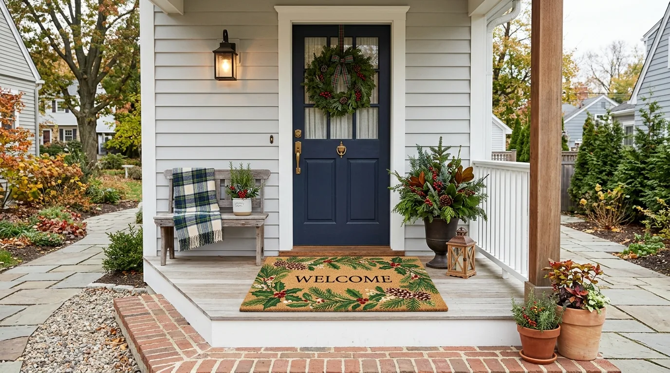 Front porch with green welcome mat for St. Patrick's Day